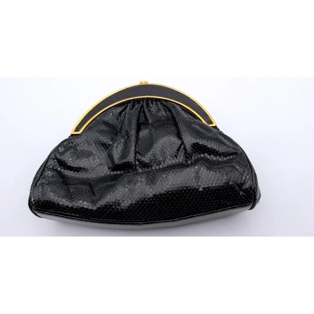 Sharif Vintage Black Snakeskin Embossed Leather Evening Bag Bird Crystal Clasp
